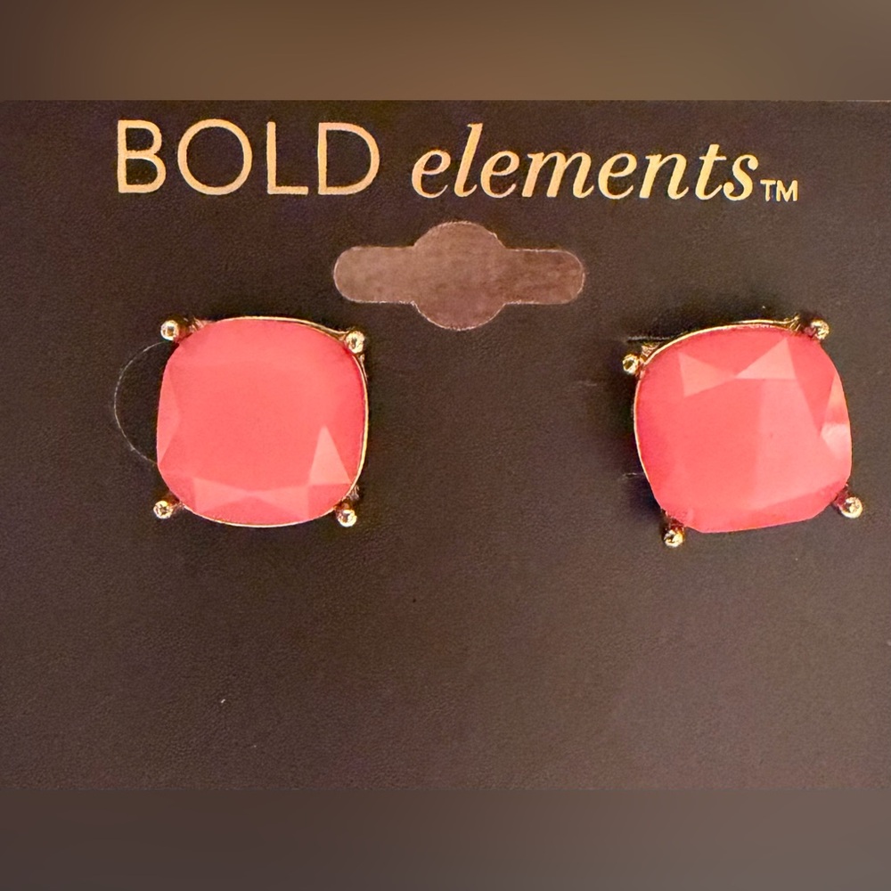 Bold Elements Gold-Tone Pink Cushion Stud Earrings